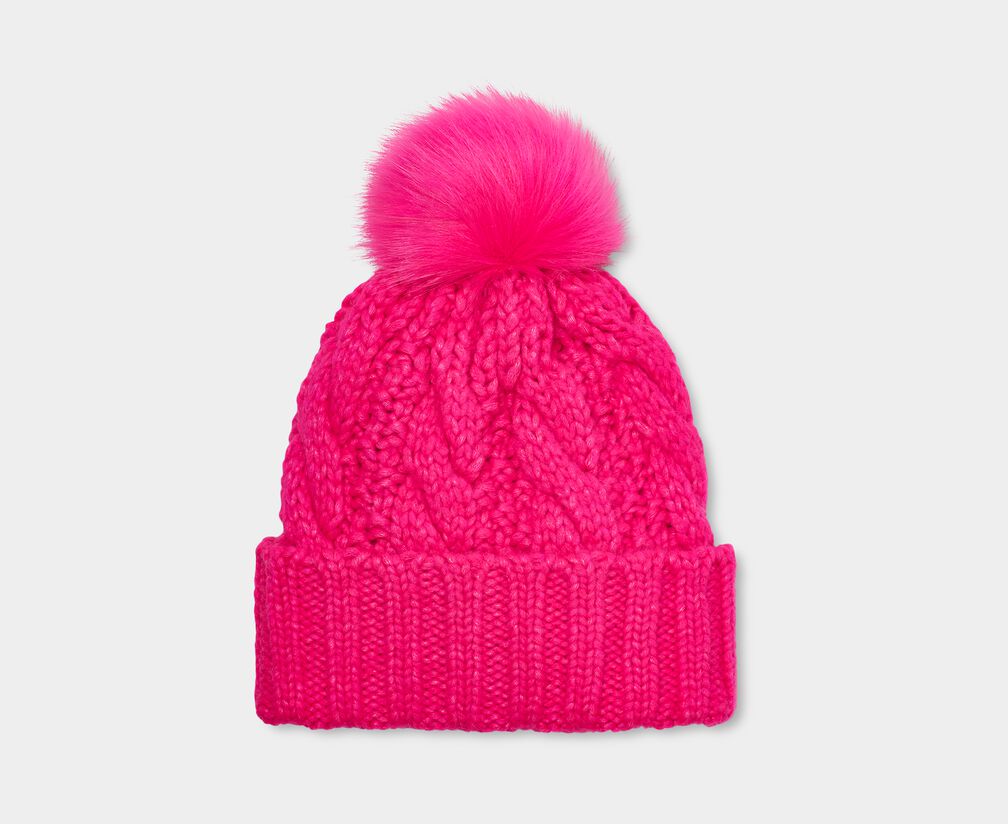 Knit Cable Beanie Faux Fur Pom Knit Cable Beanie Faux Fur Pom