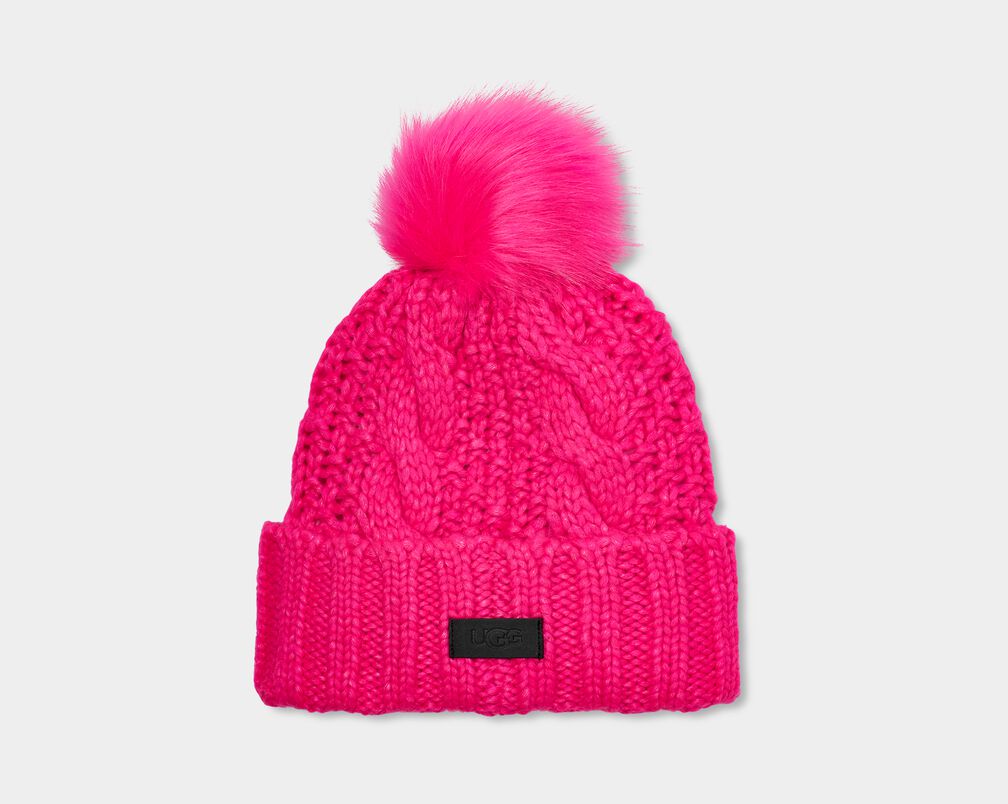 Knit Cable Beanie Faux Fur Pom Knit Cable Beanie Faux Fur Pom